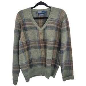 Vintage 80's Polo Ralph Lauren Sweater Wool‎ Alpaca Plaid Cabin Core Green L